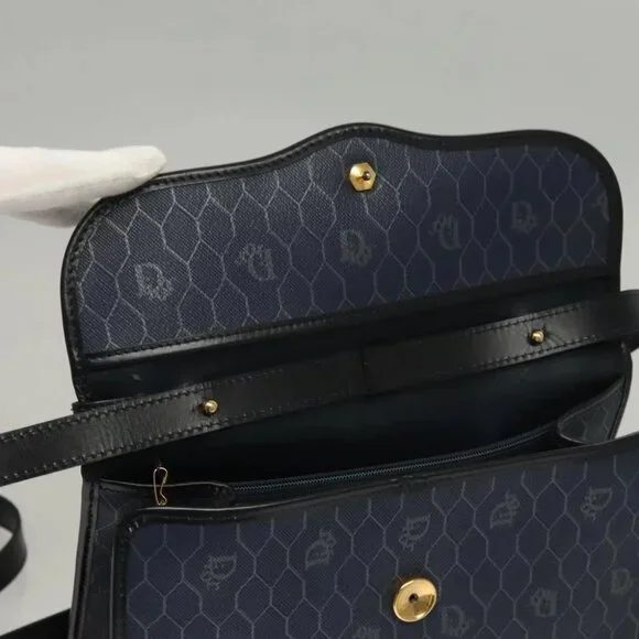 Christian Dior Honeycomb Canvas Hand Bag PVC Leather 2way Gold Navy Auth BA1515